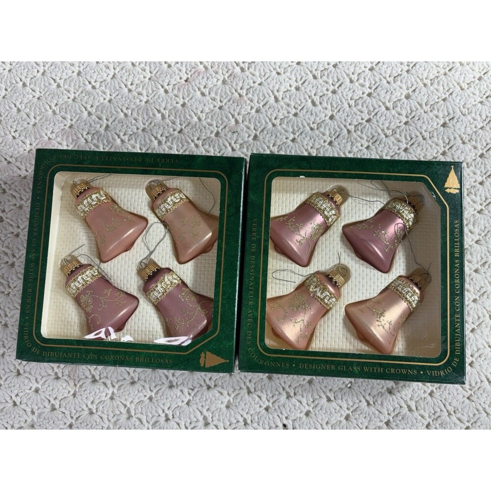 VINTAGE Christmas by Krebs Pink Peach Gold  Bells Ornaments Glitter Lot Of 8 Box